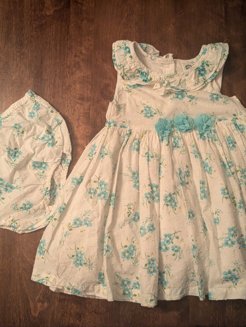 Little Me Girls White Floral Dress with Blue Flowers and Bloom Accents/ 24 Month